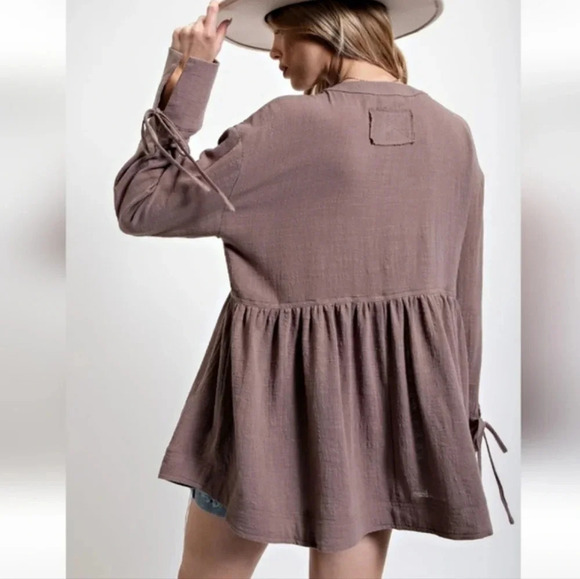New! Easel Mocha Button Down Long Sleeve Cotton Tunic Top - Picture 5 of 6